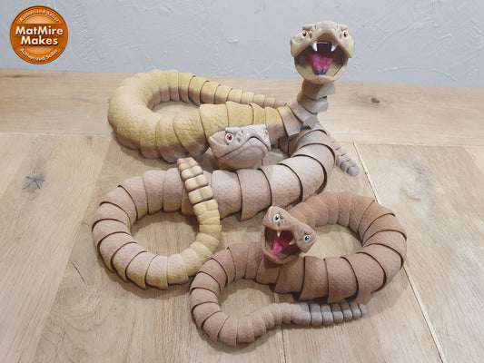 Cute Flexi Rattlesnake -  Articulated Flexible 3D Print with functional rattle! Professionally Hand painted finishing details