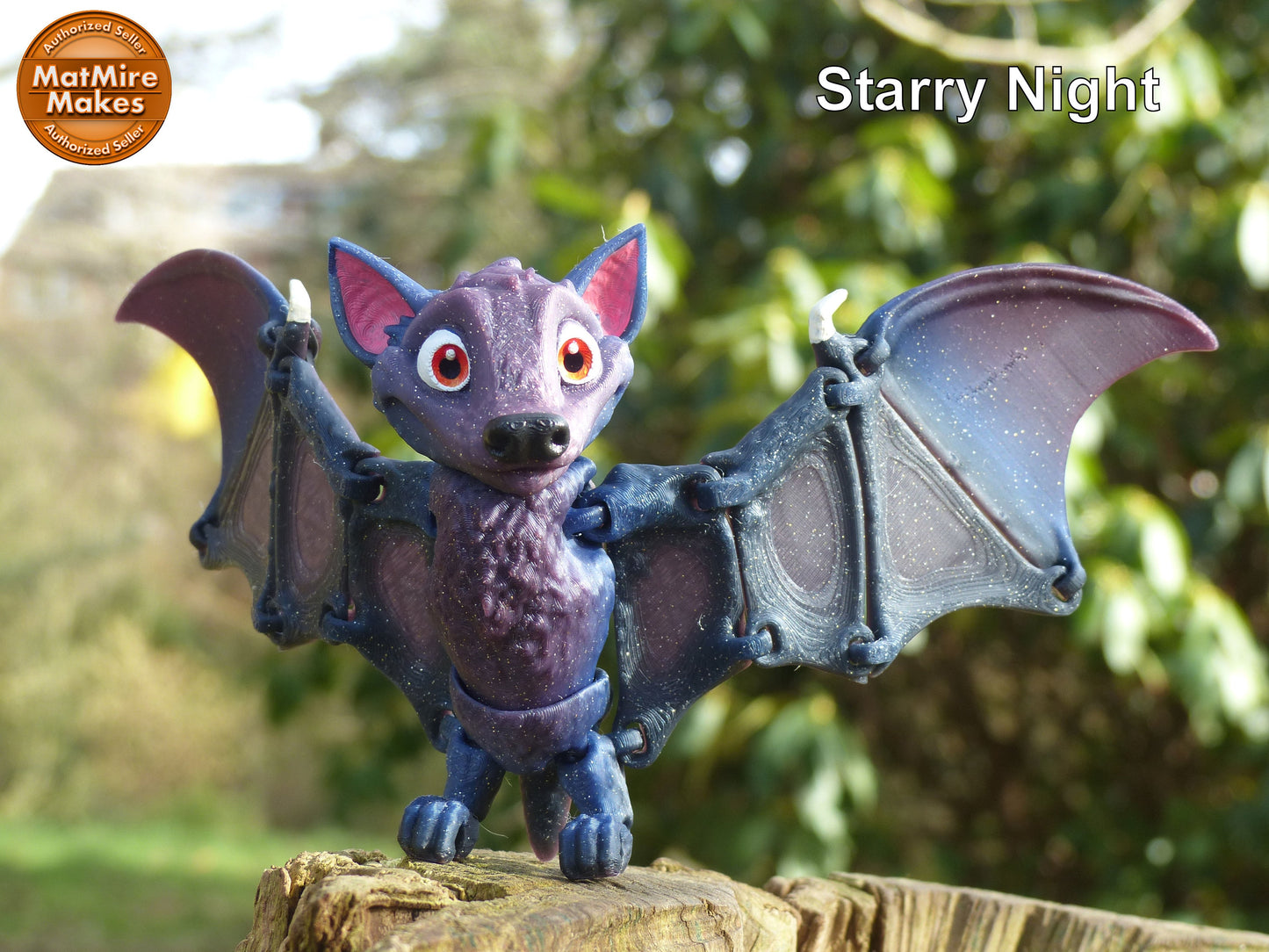 Flapping Fruit Bat - Articulated Flexible 3D Print. Professionally Hand painted finishing details