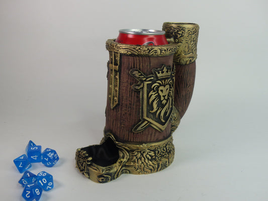 King Lion Crest Can Cosy/Cozy DnD Dice Tower - 3D printed and hand painted - Can be personalised!